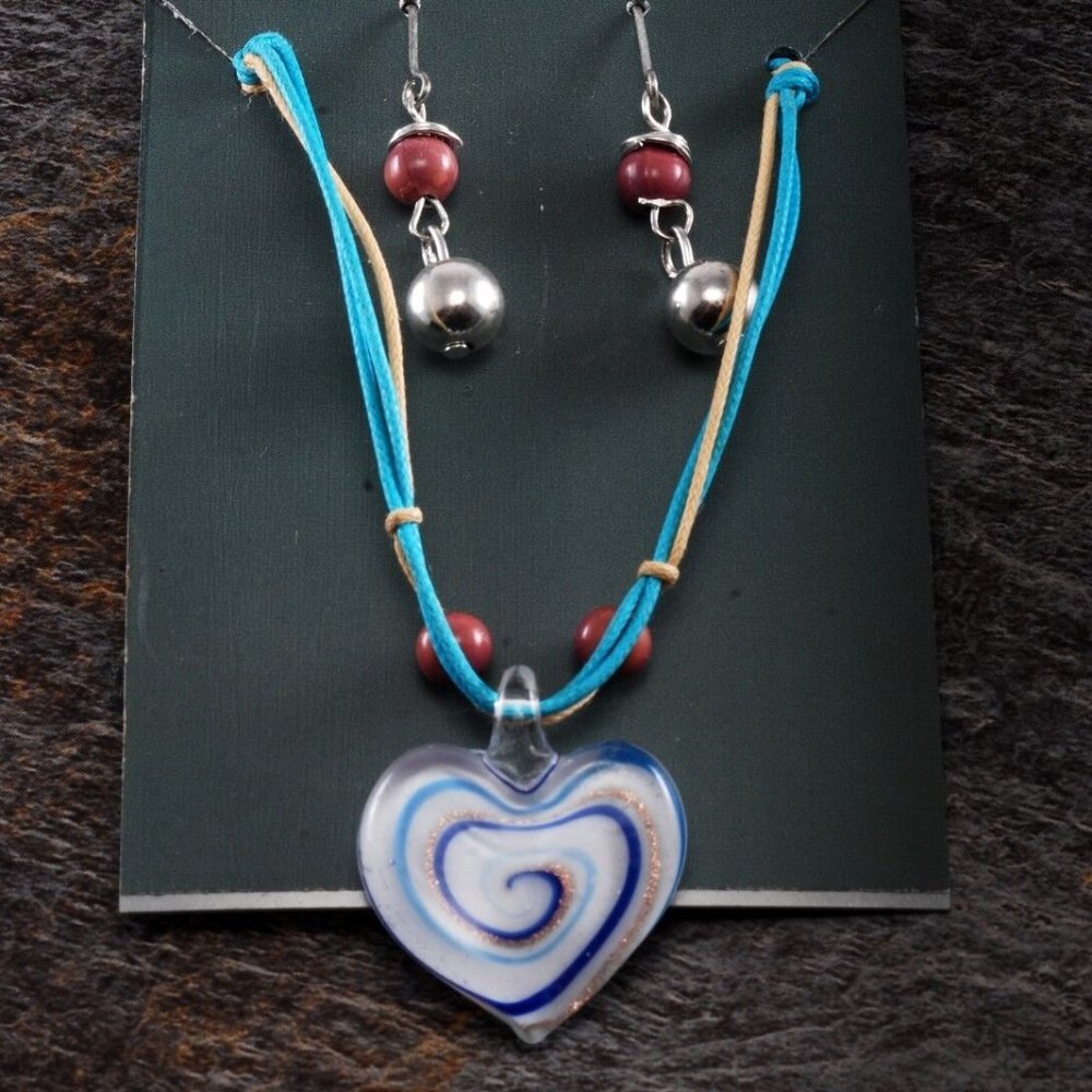 Glass Heart Swirl Necklace 3 Strand Cord Earring Pair Jewelry Set MC